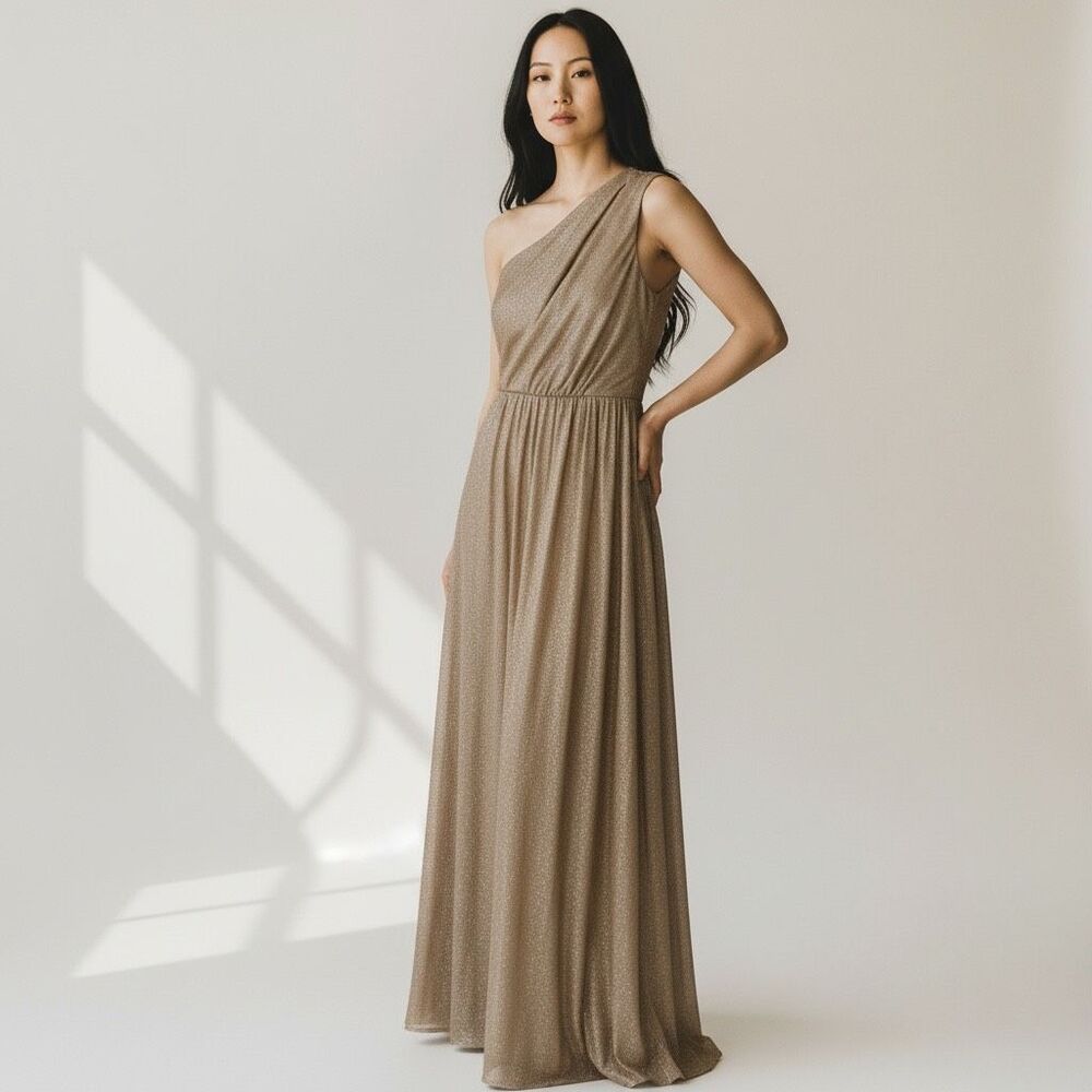 Dress the Population XS Kienna Shimmer Cutout Detail One-Shoulder Gold Gown NWT